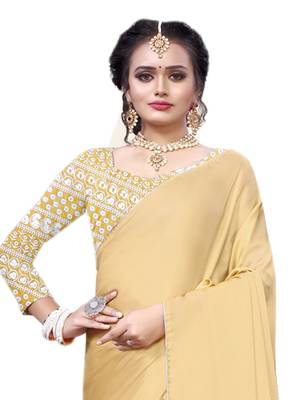 Beige plain chiffon saree with blouse 3