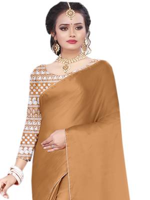 Brown plain chiffon saree with blouse 3