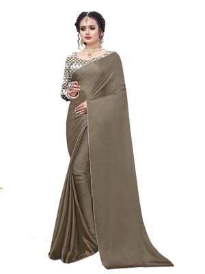 Beige plain chiffon saree with blouse 1