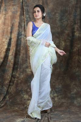 White woven blended cotton saree  1