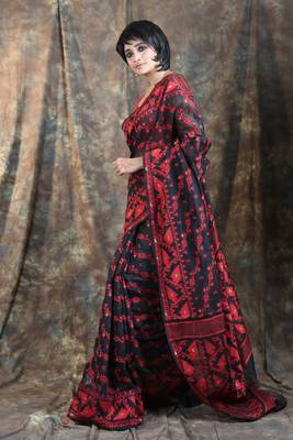 Black Woven Blended Cotton Saree Without Blouse 3