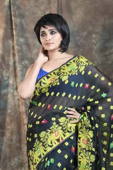 Black Woven Blended Cotton Saree Without Blouse