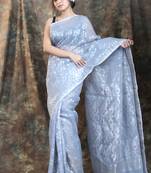 Grey woven blended cotton saree 