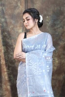 Grey woven blended cotton saree  2