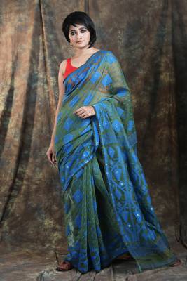 Olive Woven Blended Cotton Saree Without Blouse 1