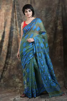 Olive Woven Blended Cotton Saree Without Blouse