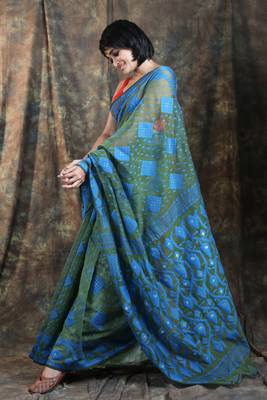 Olive Woven Blended Cotton Saree Without Blouse 3