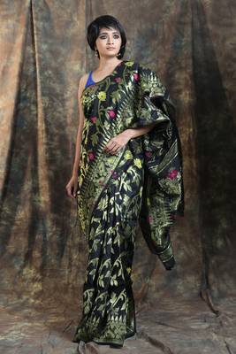 Black Woven Blended Cotton Saree Without Blouse 1
