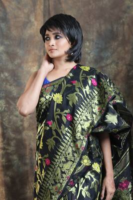 Black Woven Blended Cotton Saree Without Blouse 2