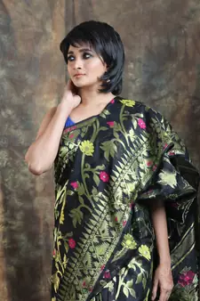 Black Woven Blended Cotton Saree Without Blouse