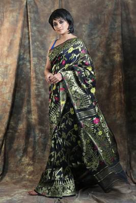 Black Woven Blended Cotton Saree Without Blouse 3