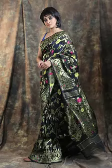 Black Woven Blended Cotton Saree Without Blouse