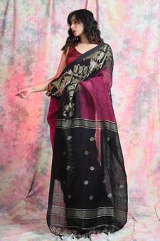 Magenta woven linen saree with blouse