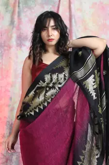 Magenta woven linen saree with blouse