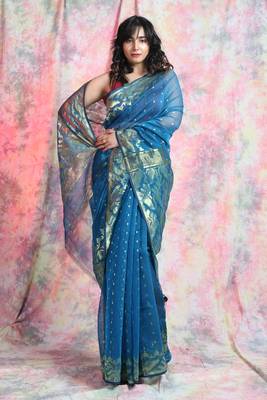 Blue woven blended cotton saree  1