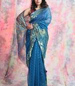 Blue woven blended cotton saree 