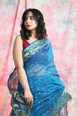 Blue woven blended cotton saree  2