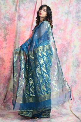 Blue woven blended cotton saree  3