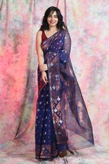 Dark Blue Woven Blended Cotton Saree Without Blouse