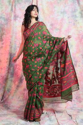 Green woven blended cotton saree  1