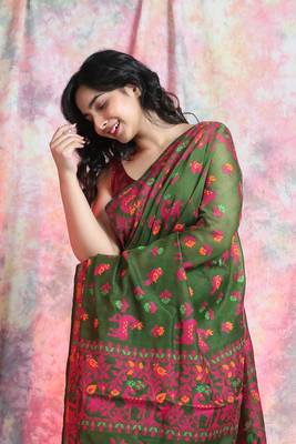 Green woven blended cotton saree  2