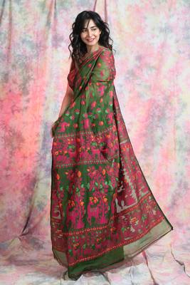 Green woven blended cotton saree  3