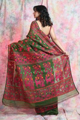 Green woven blended cotton saree  4