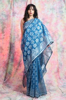 Sky Blue Woven Blended Cotton Saree Without Blouse 1