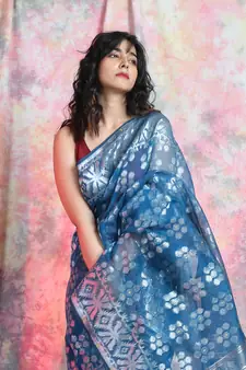 Sky Blue Woven Blended Cotton Saree Without Blouse
