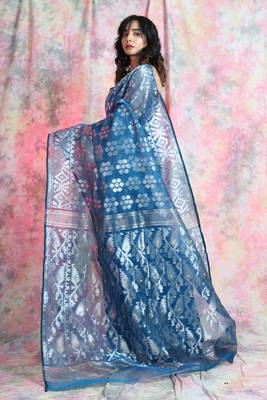 Sky Blue Woven Blended Cotton Saree Without Blouse 3