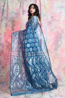 Sky Blue Woven Blended Cotton Saree Without Blouse