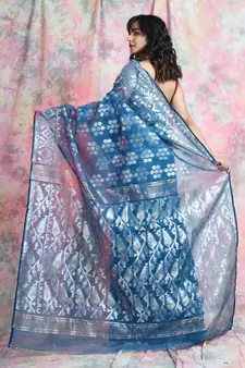 Sky Blue Woven Blended Cotton Saree Without Blouse