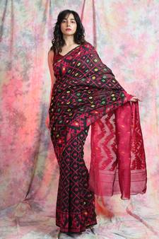 Black Woven Blended Cotton Saree Without Blouse