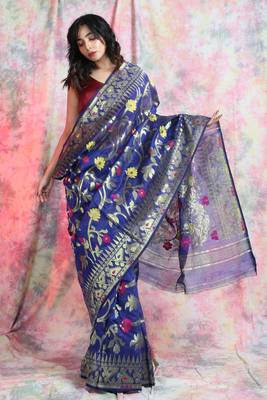 Royal blue woven blended cotton saree  1
