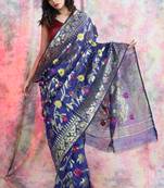 Royal blue woven blended cotton saree 