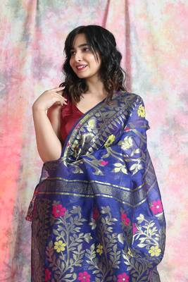 Royal blue woven blended cotton saree  2
