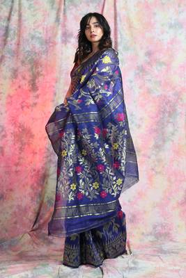 Royal blue woven blended cotton saree  3