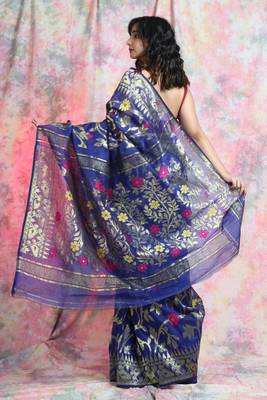 Royal blue woven blended cotton saree  4