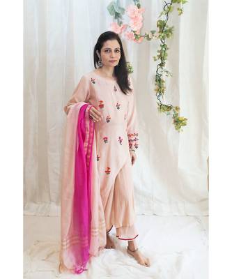 Pink Asymmetric embroidered kurta with crinkled pyjama and dupatta 1