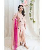 Pink Asymmetric embroidered kurta with crinkled pyjama and dupatta