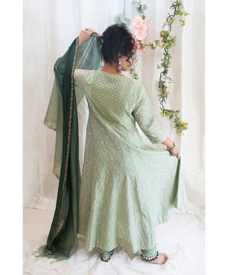 Green Classic Anarkali with churidar & dupatta 2