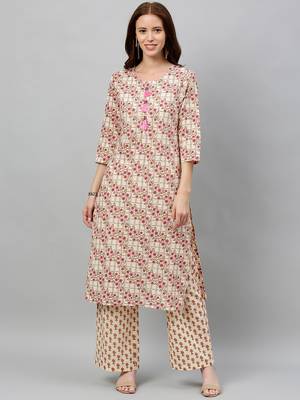 Beige Cotton stitched   Kurta with     Palazzo 1