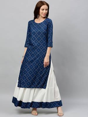 Navy Rayon stitched   kurta  with     Skirt 1