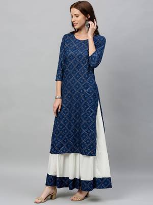 Navy Rayon stitched   kurta  with     Skirt 3