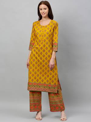 Mustard Cotton stitched   Kurta with     Palazzo 1