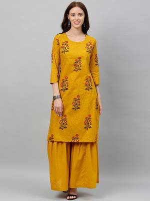 Mustard Cotton stitched   Kurta  with     Sharara 1