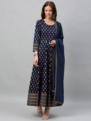 Blue Rayon stitched   Anarkali  with     Jacket 1