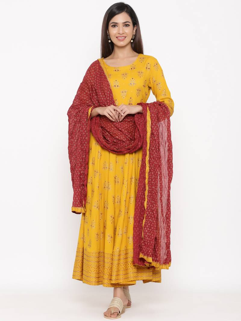 Mustard Rayon stitched   Anarkali  with     Jacket