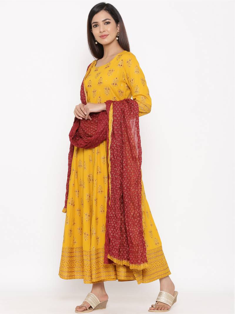 Mustard Rayon stitched   Anarkali  with     Jacket