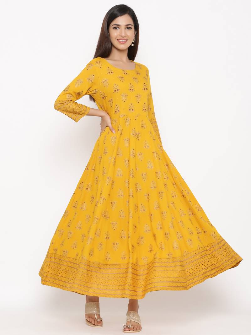 Mustard Rayon stitched   Anarkali  with     Jacket